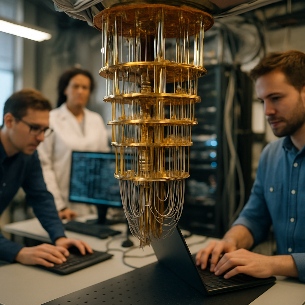 Scientists working in a quantum computing lab.