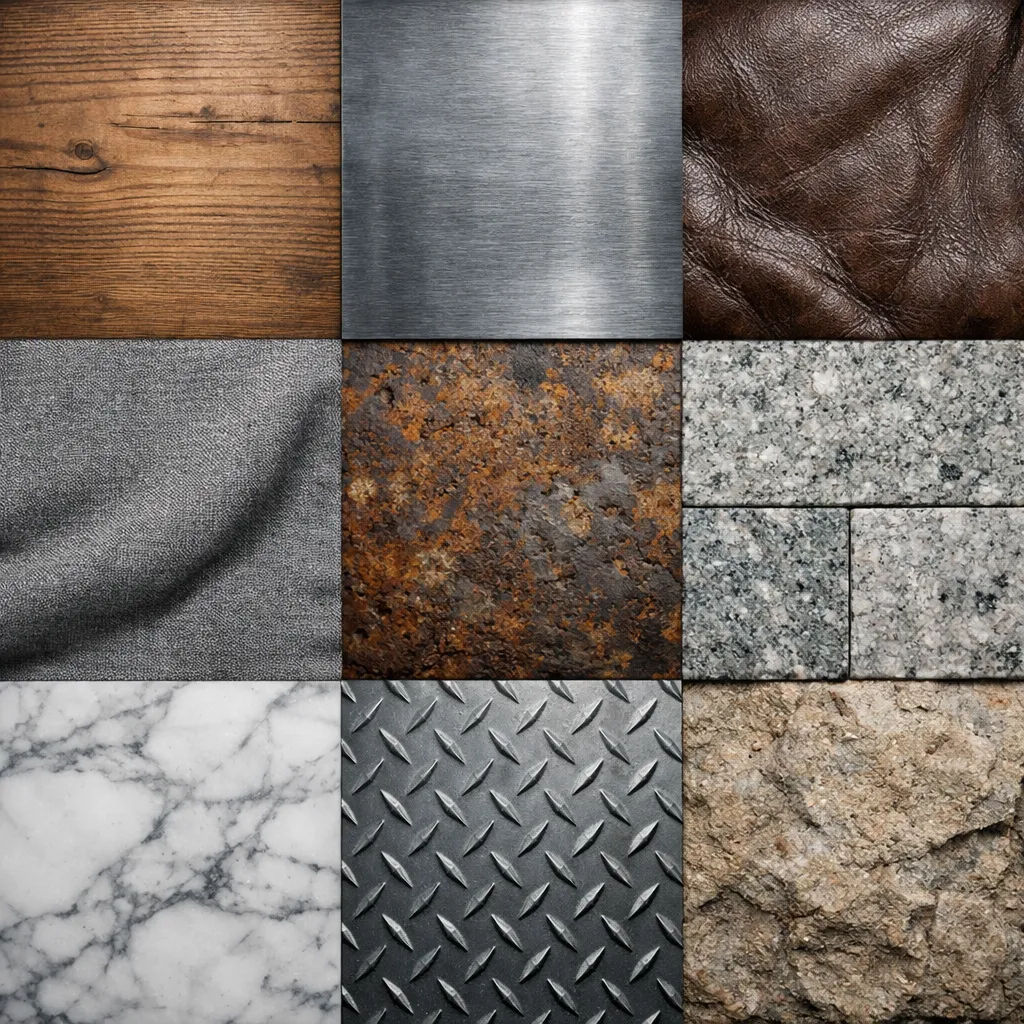 AI-generated textures for 3D models: photorealistic PBR materials including wood, metal, fabric, and stone.