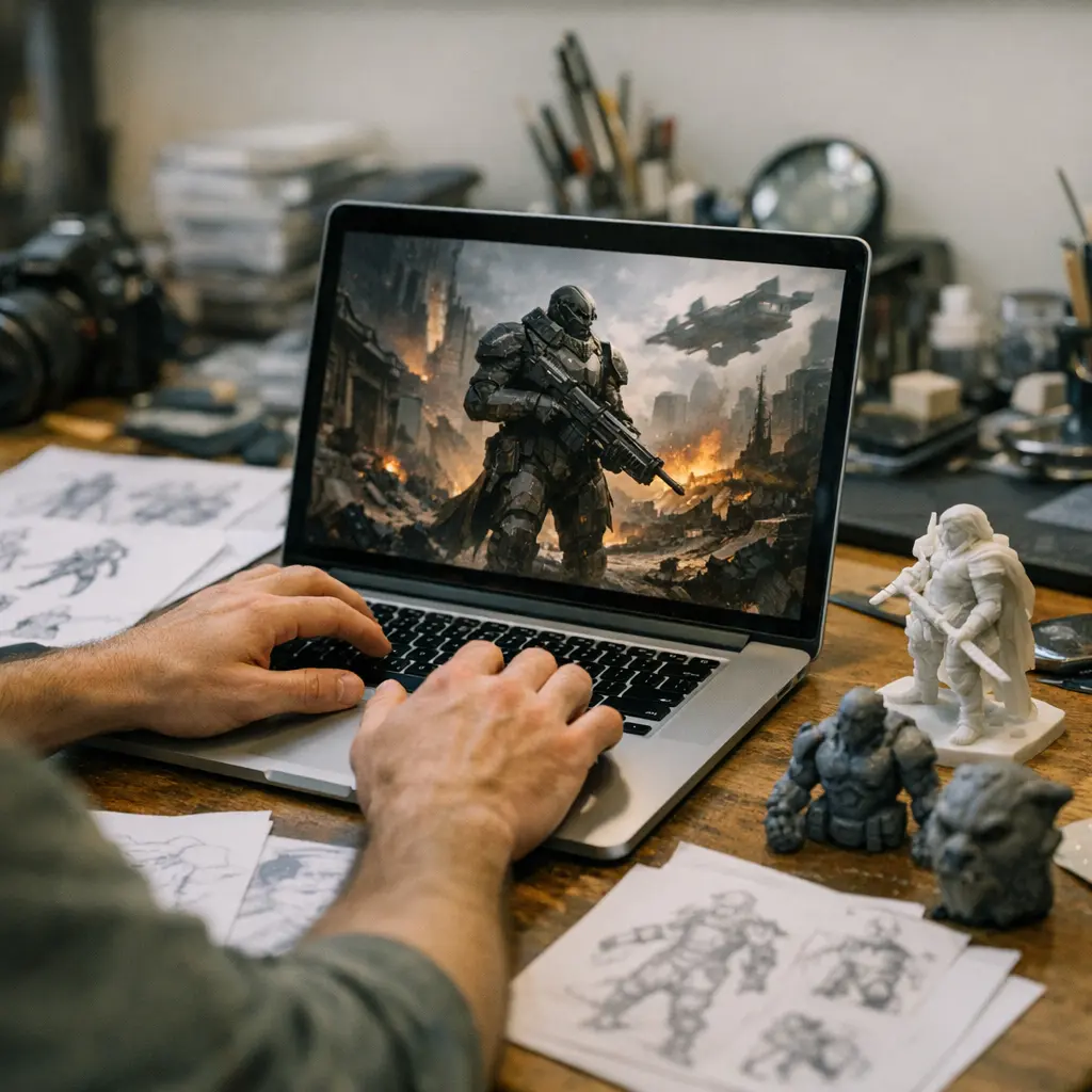 Concept art and reference images generated for 3D modeling using browser-based tools.