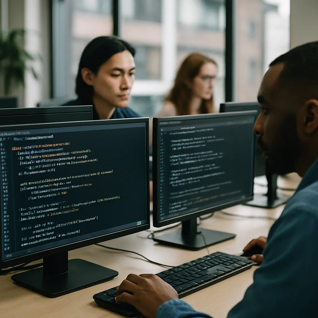 Developers coding with advanced AI systems in a collaborative environment.