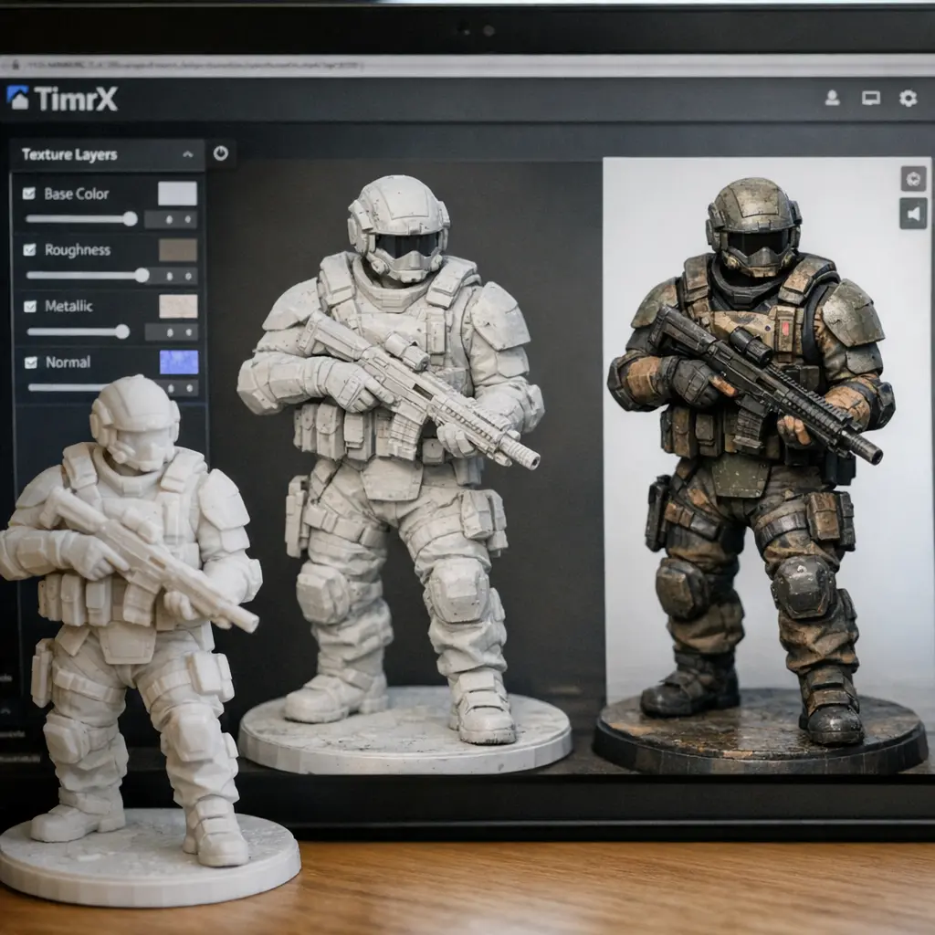 TimrX makes it easy to compare digital renders with physical 3D prints using the same AI-generated texture set.
