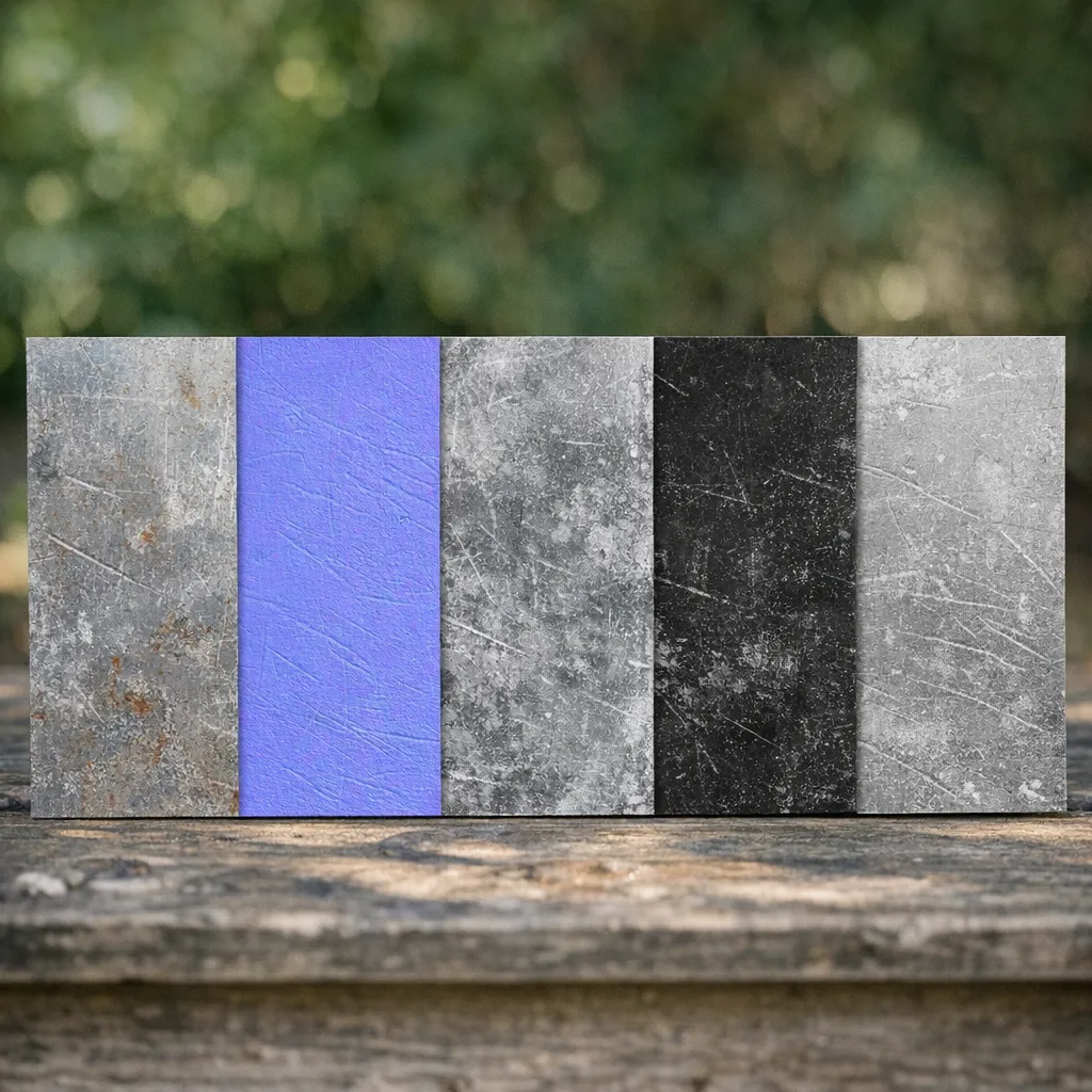 Breakdown of PBR texture maps: albedo, normal, roughness, metallic, and height for one AI-generated material.