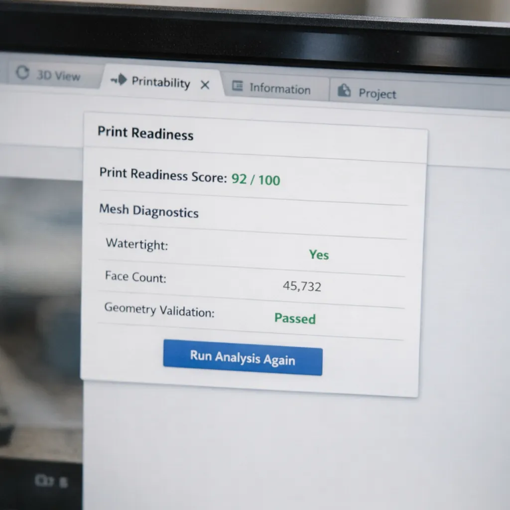 The Print Readiness Check in TimrX: mesh diagnostics and printability scoring before export.