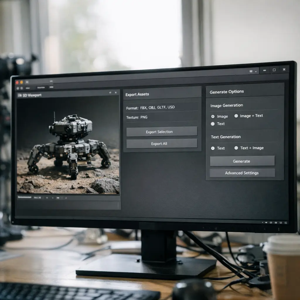 A modern browser-based 3D workspace with integrated preview and export tools.