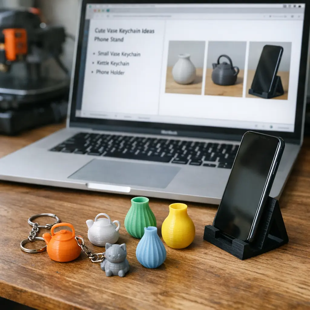 Physical 3D prints side-by-side with their original text prompts and model previews.