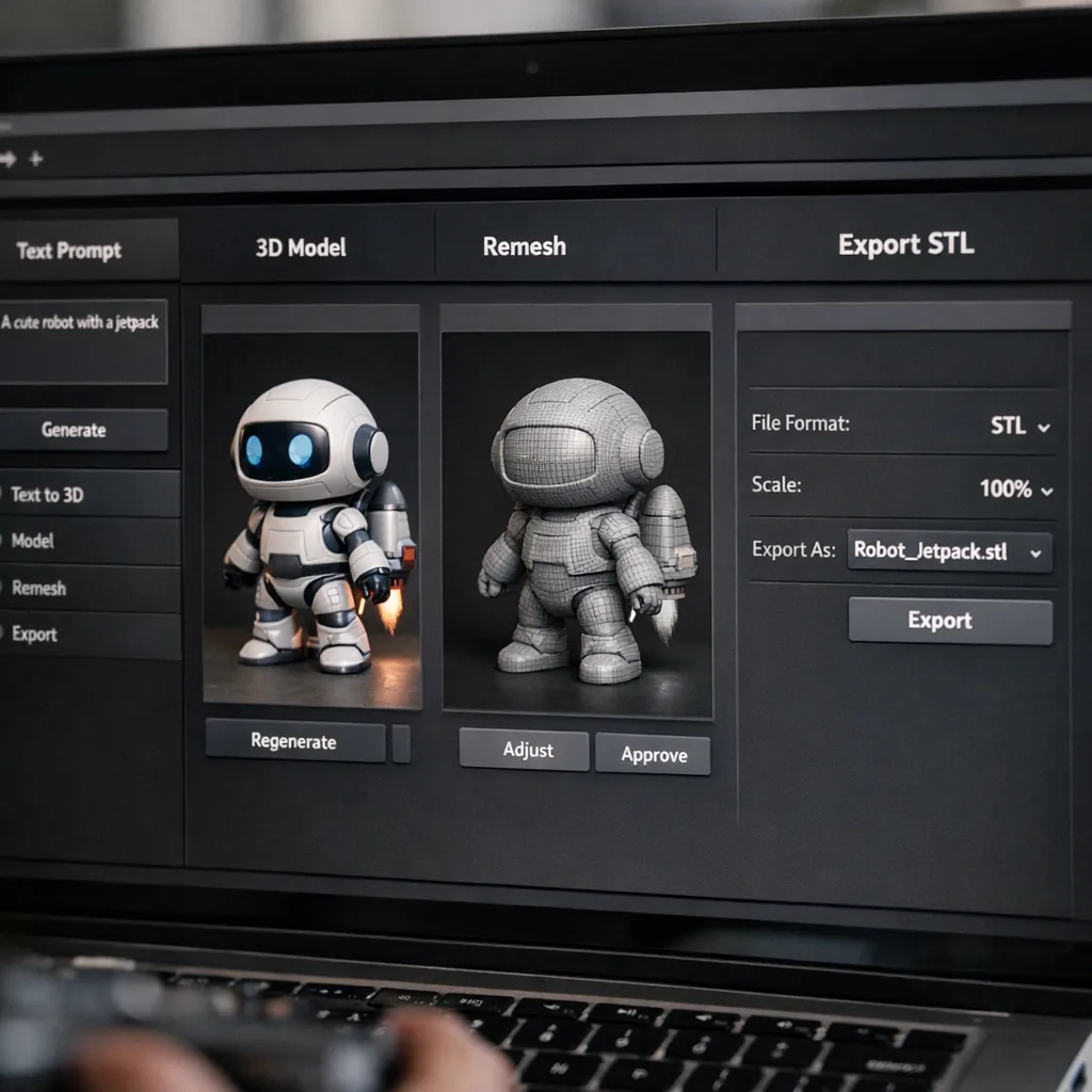 The TimrX AI 3D printing workflow: from prompt to print-ready STL in modular stages.