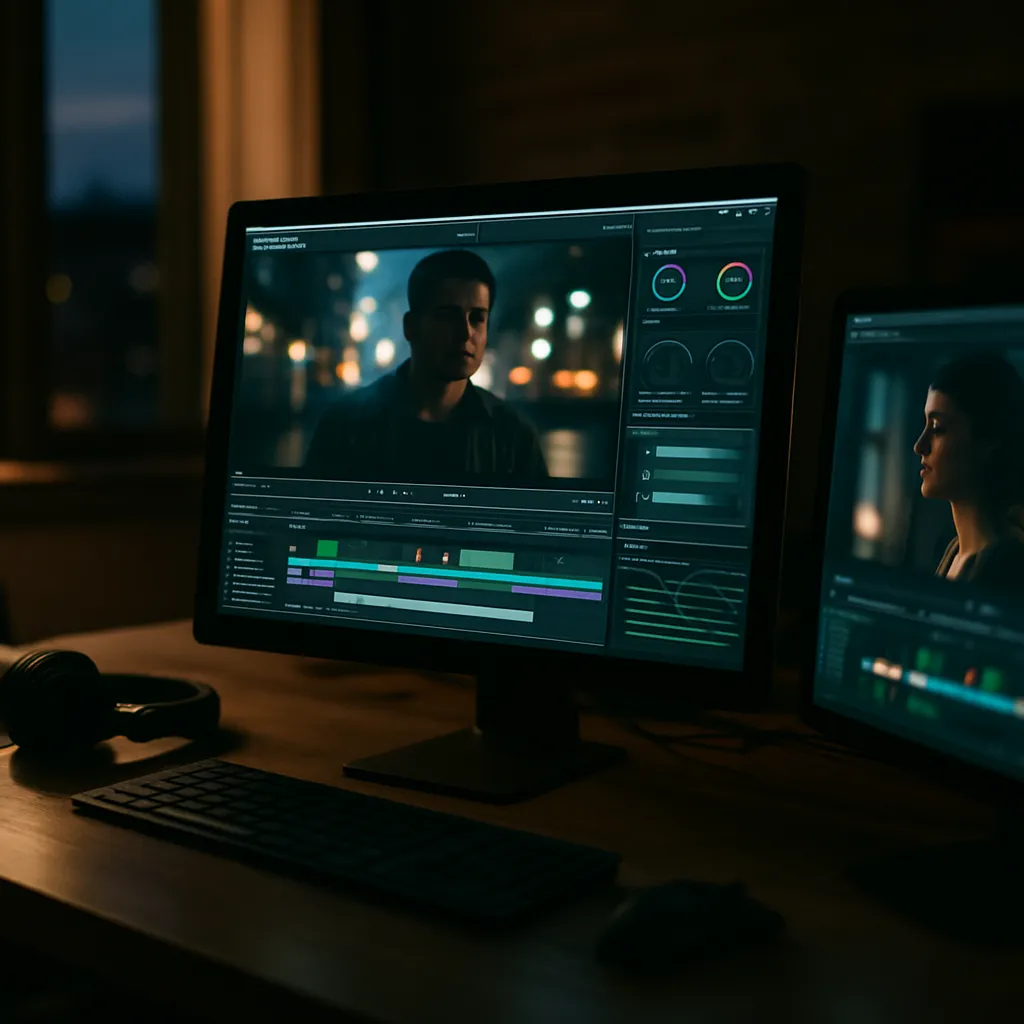 A modern creator workspace visualizing AI-generated video workflows and cinematic timelines.