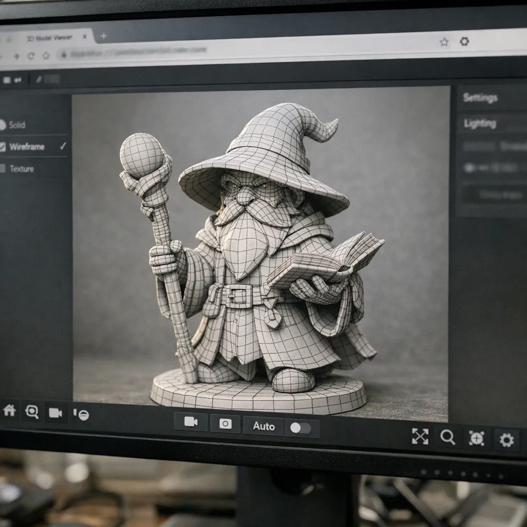 Previewing an AI-generated 3D model mesh from a text prompt—ready for inspection and refinement.