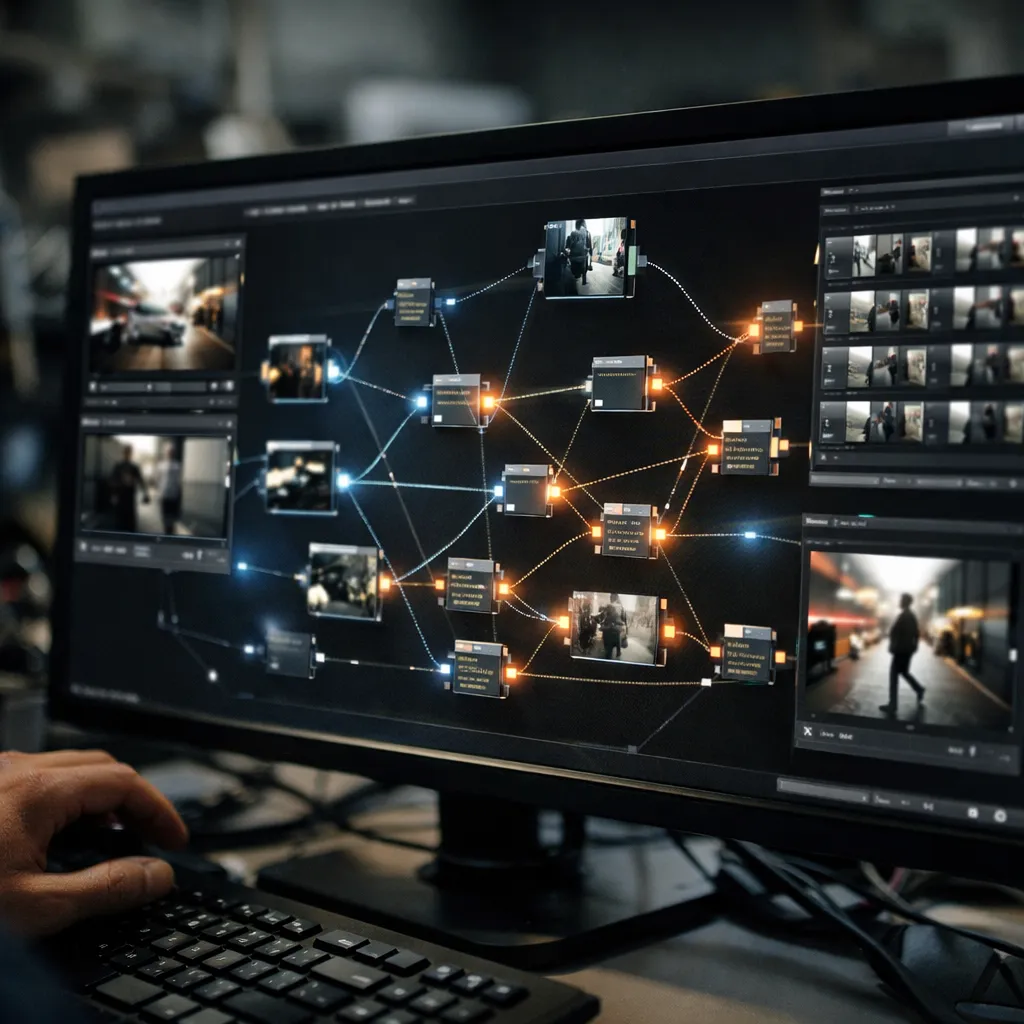 A photorealistic node-based AI interface visualizing an AI video generation pipeline—glowing connections, cinematic lighting, and ultra-detailed UI elements.
