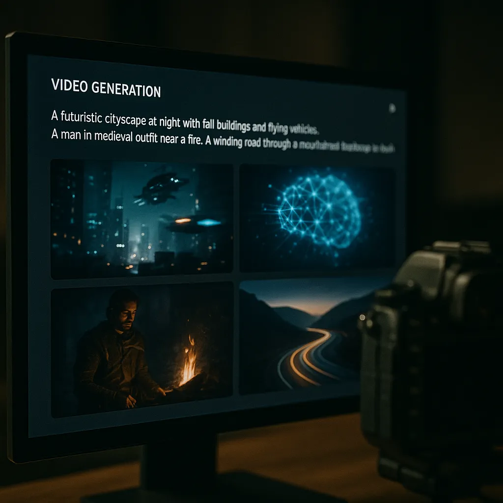 A photorealistic scene of a futuristic AI video generation interface transforming text prompts into cinematic visual sequences.