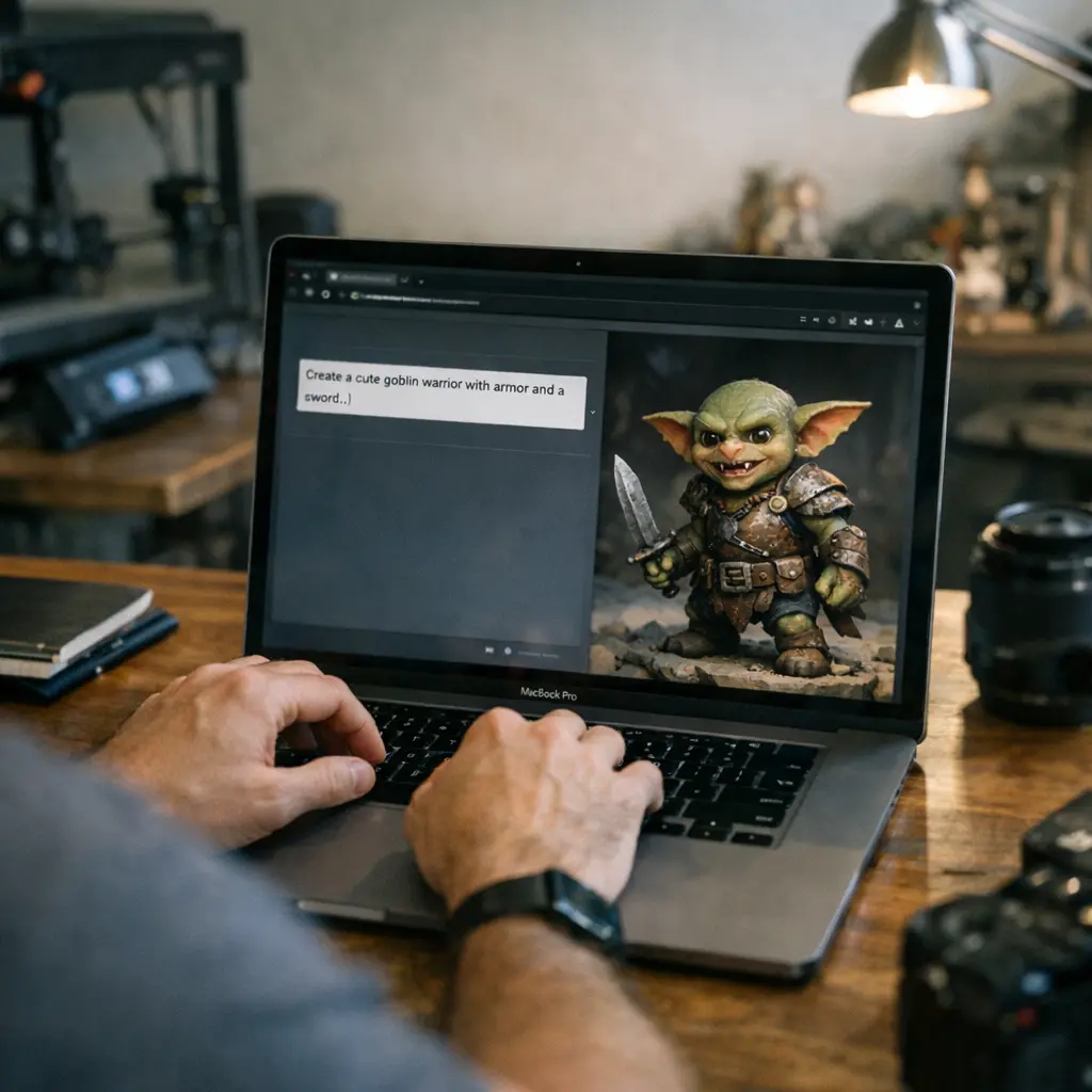 Prompt-based 3D asset generation in a browser-native creator workspace.