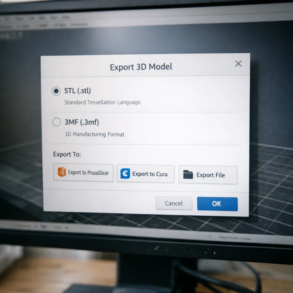 Exporting your AI 3D printing model as STL or 3MF, ready for slicing in PrusaSlicer, Cura, or Bambu Studio.