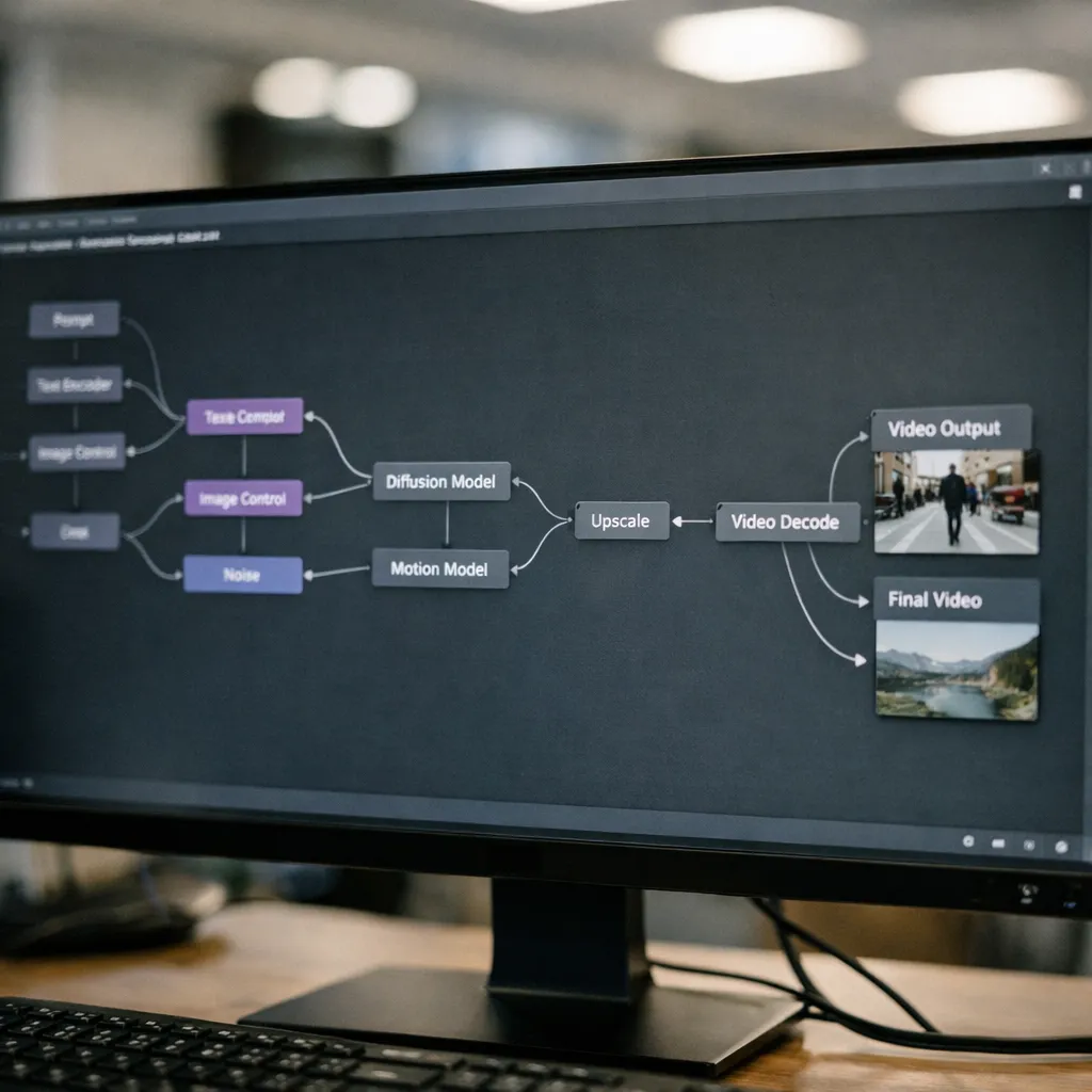 A photorealistic screen showing a ComfyUI node graph: input, processing, and output nodes connected in a clear AI video generation workflow.