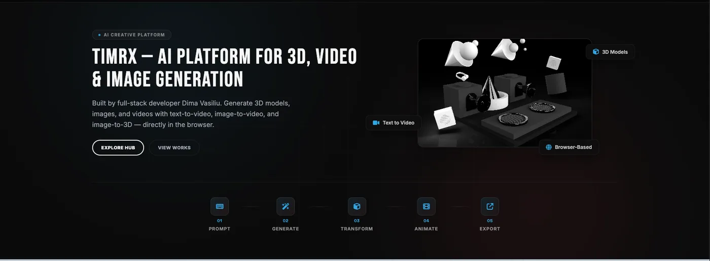 TimrX: Unified workspace for AI video, image, and 3D generation.