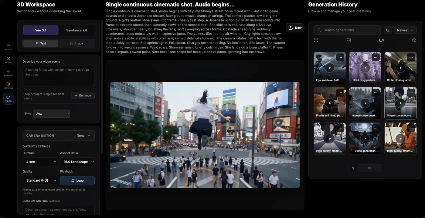 AI-generated video clip in the TimrX video player, showing a cinematic camera move through a Shibuya-inspired scene.