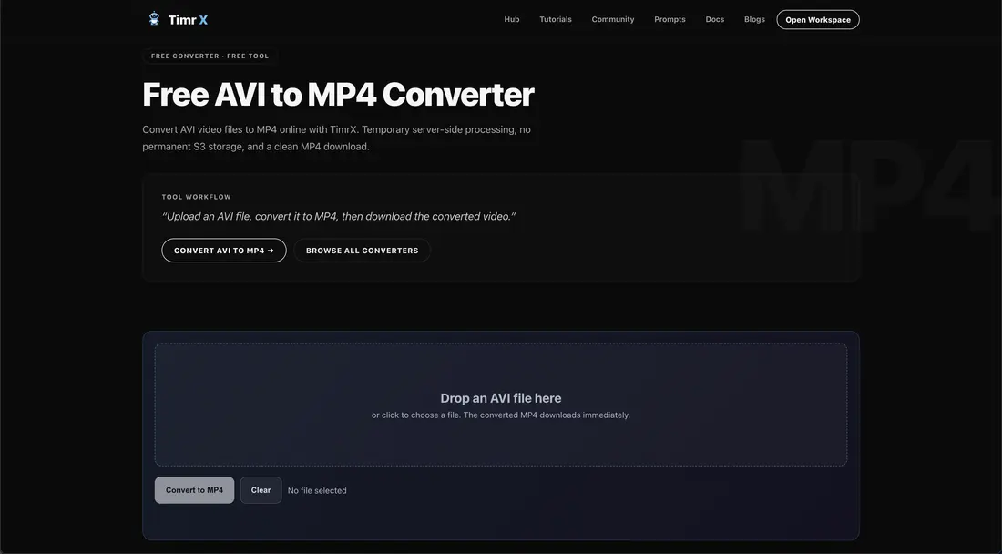 Free AVI to MP4 Converter: Prepare video clips for AI video generation and editing workflows.