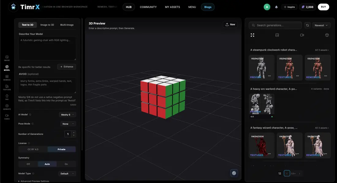 A modern browser-based workspace for generating 3D models, images, and videos side by side.