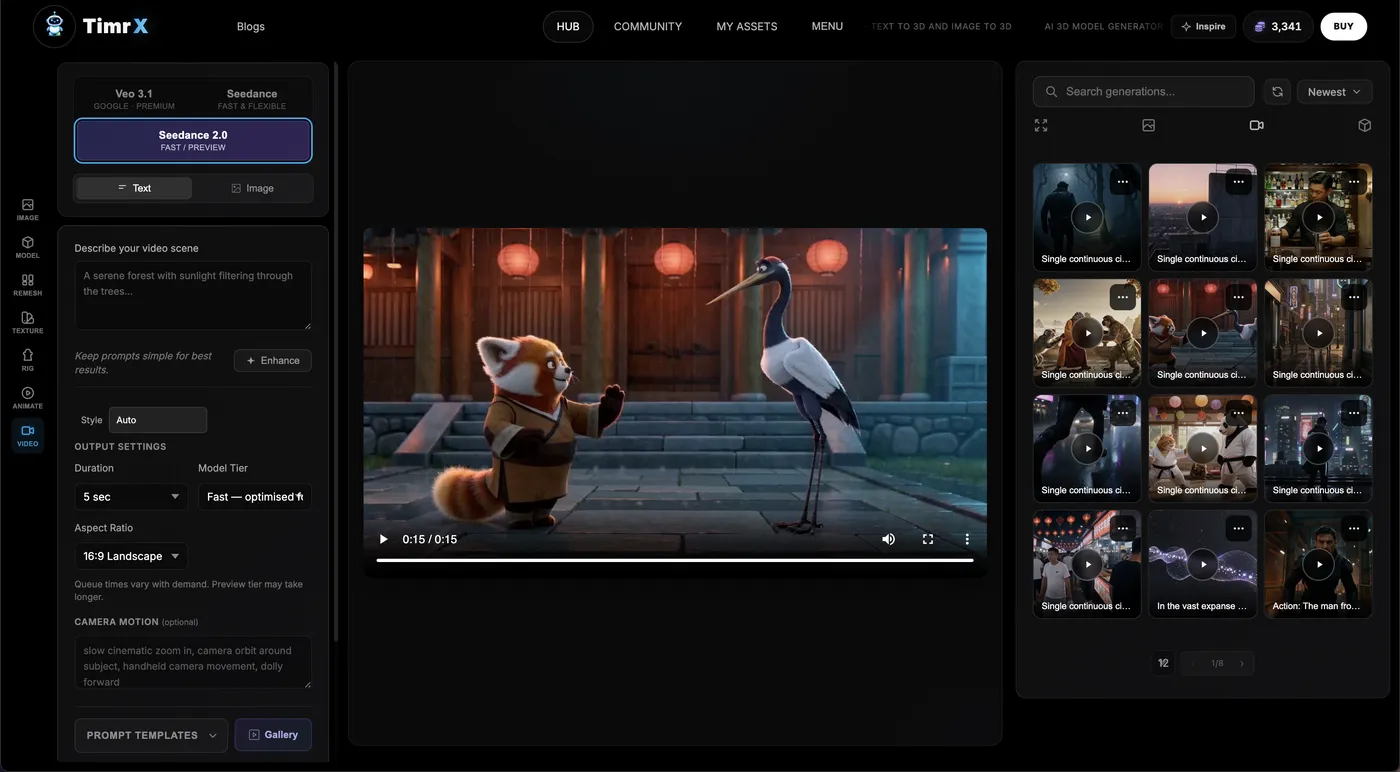 The TimrX Workspace featuring Seedance 2.0’s AI Video Generator. This screenshot demonstrates in-browser prompt drafting, video preview, and timeline controls for rapid iteration.