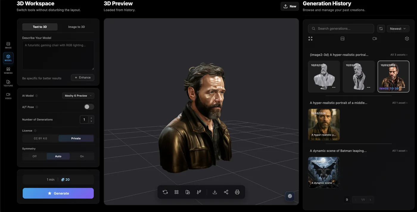 A 3D bust model generated from the AI portrait. The mesh and textures are auto-generated, ready for editing or export in TimrX.