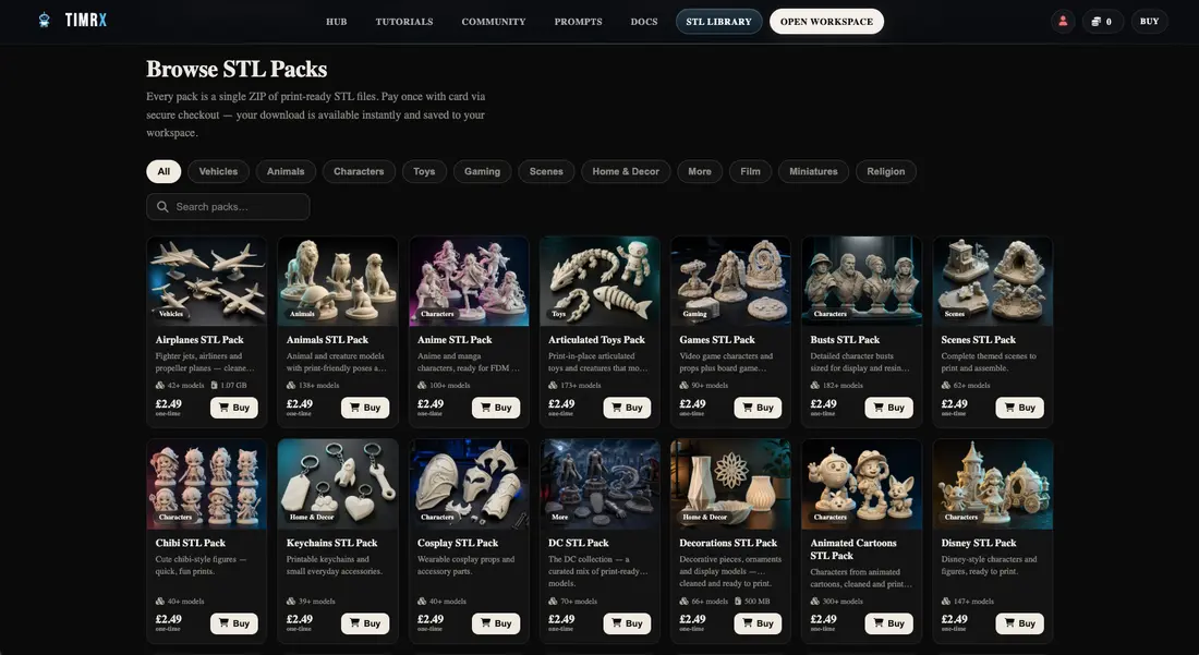 A browser-native library of over 4,000 STL files, all export-ready for 3D printing.